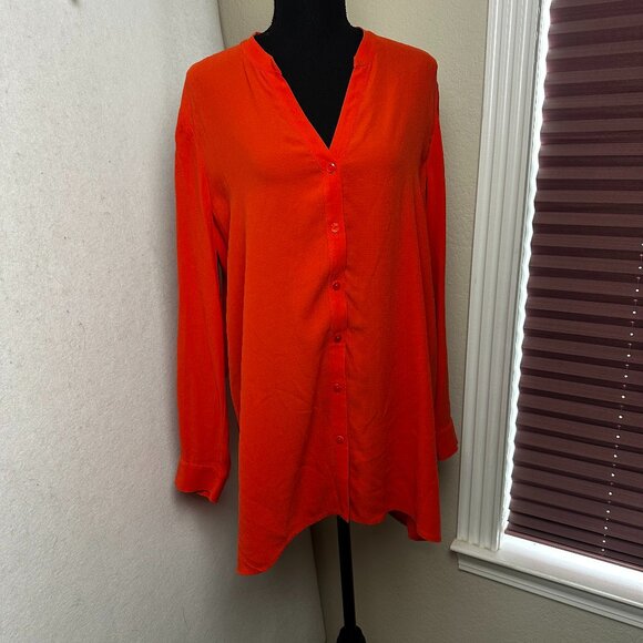 Eileen Fisher Shirt Womens M 100% Silk Tunic Blouse orange Popover V-Neck‎ - Picture 1 of 6
